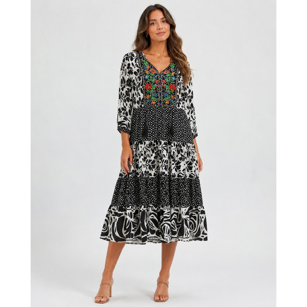 John Mark Tiered Midi Dress Womens Small Black White Embroidered Tassel NWT